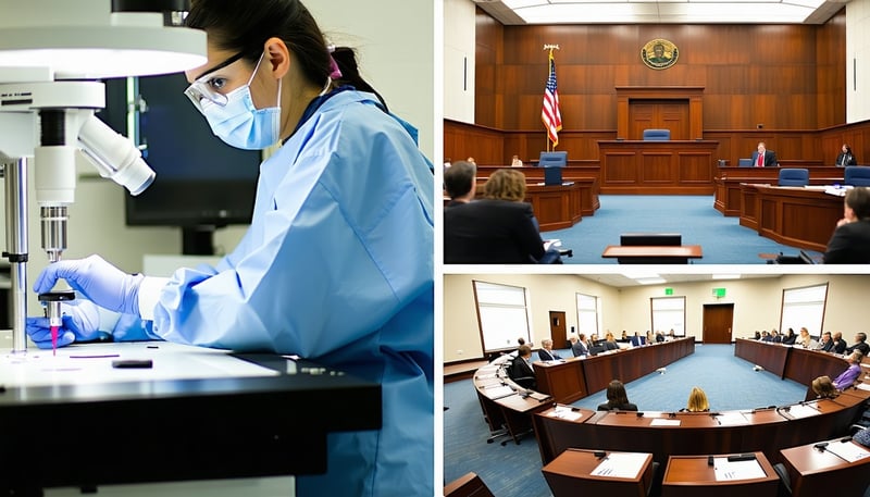 A montage of shots  A lab technician in Ovation Fertilitys Newport Beach lab A court room in session and a busy state congressional meeting in Florida Please combine them into one image-1