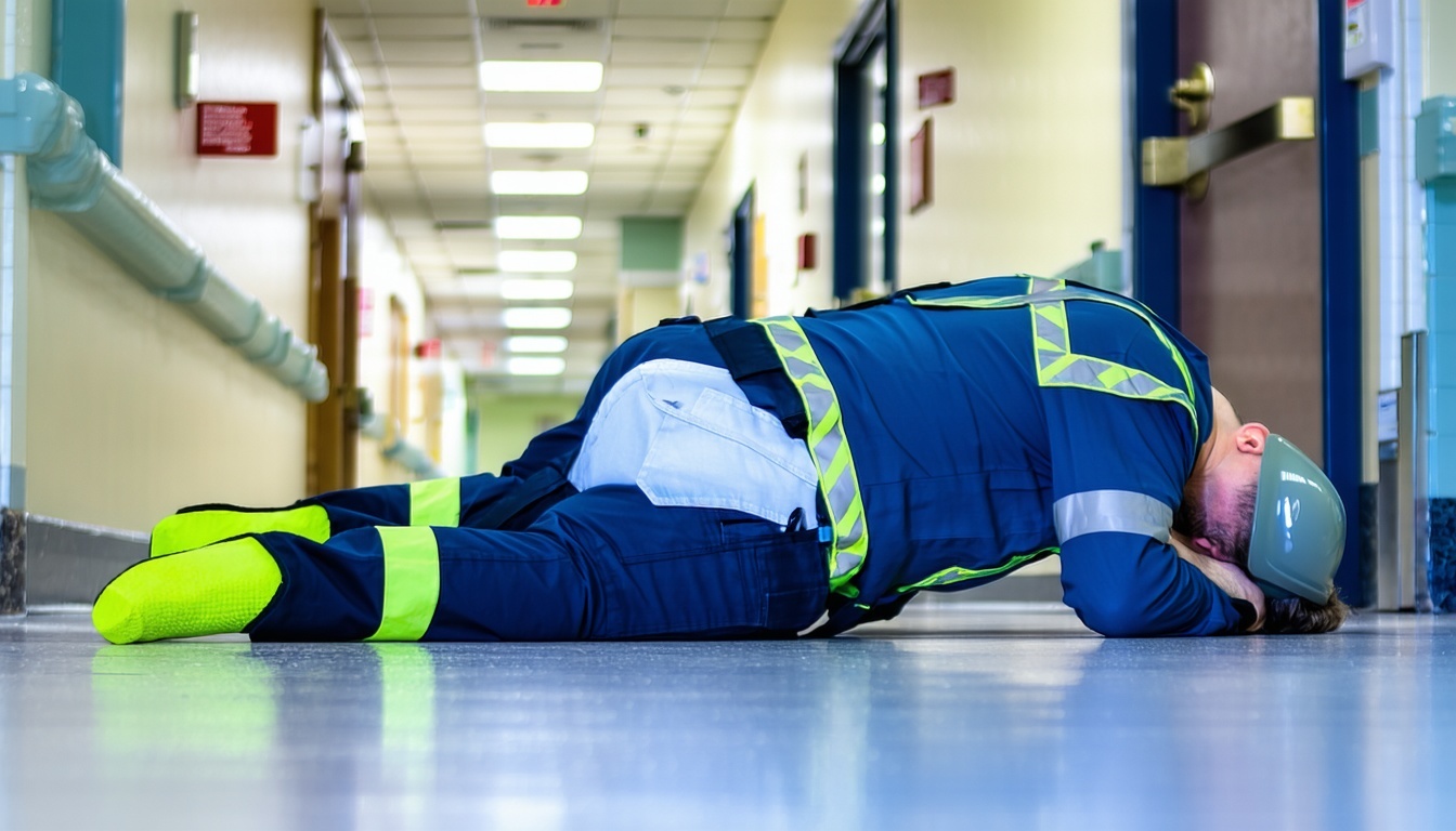 A worker laying on a hospital floor after a slip and fall accident