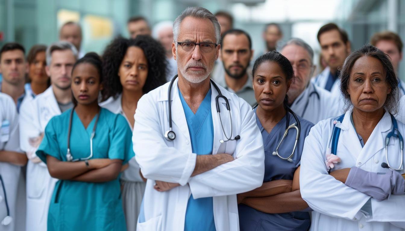 An extra wide shot of a large group of doctors of different ethnicities